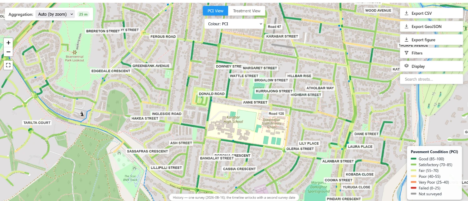 The demonstration network’s condition map: every segment coloured by its rating, with the unsurveyed road drawn in grey rather than scored.