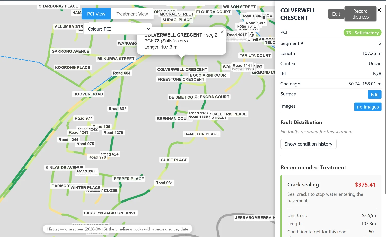 A segment's detail panel: condition, survey date, method and the arithmetic behind the score